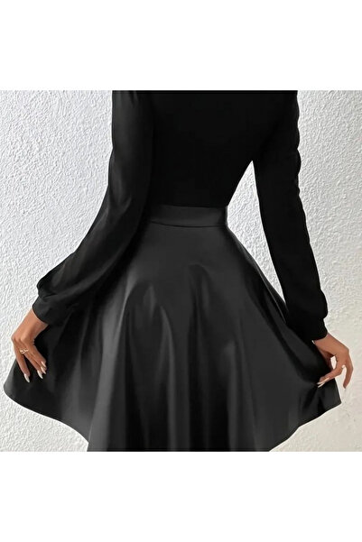 TUA MODA Tua Moda Women's Long Sleeve Square Neck Top Viscose Bottom Leather Mini Dress