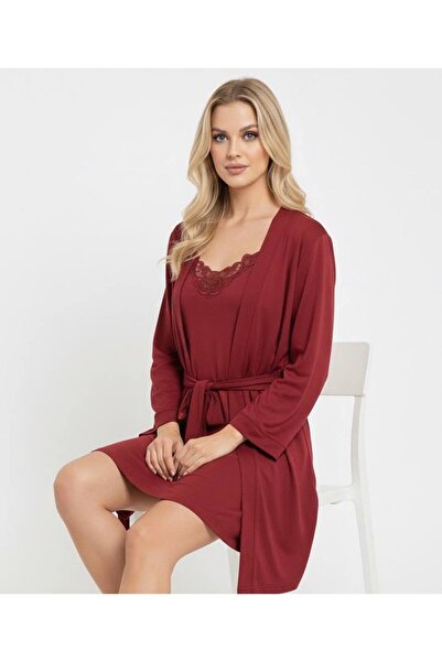 cherry queen Burgundy Micro Combed Cotton Lace Nightgown & Robe Set – Soft, Stretchy, Stylish