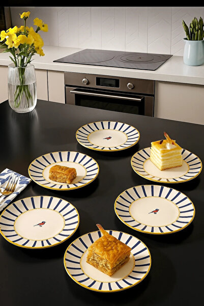 Paşabahçe Modern Kuş Figürlü 6 Parça Porselen Pasta Tatlı Tabağı-Gold Detaylı Sunum Servis Tabağı