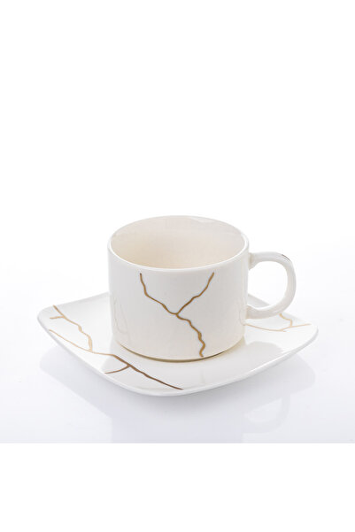 Malooki Set of 6 Porcelain Coffee Cups 150 ml with Square Saucer – Gold Marble Infinity