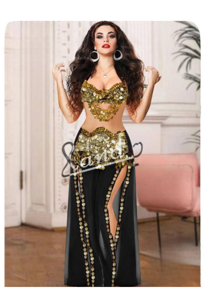 RAHAF TİCARET Parlak Tam İşlemeli Altın Madeni Paralar Oryantal Dans Kostümü ...