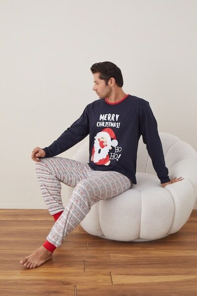 TOSKI Men's Christmas Pajama, long sleeve, long pants, Santa HOHO print, Navy
