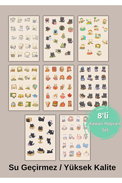 VORACRAFT 8'li Kawaii Tatlı Hayvan Set, Minik Hayvan sticker Set Ajanda Bullet Journal Set SKZ008