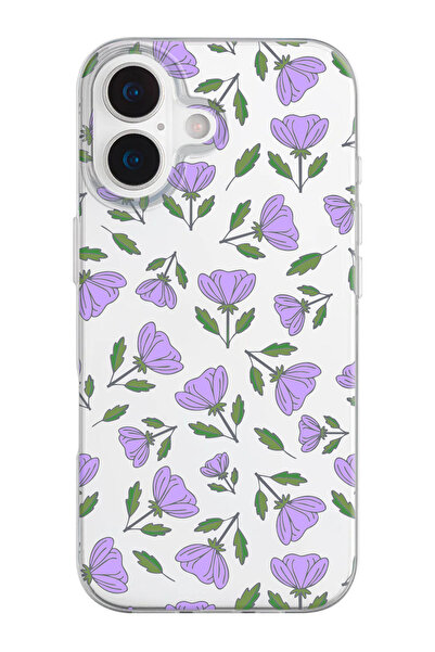 shoptocase iPhone 17 Uyumlu Mor Lavanta Desenli Şeffaf Silikon Telefon Kılıfı