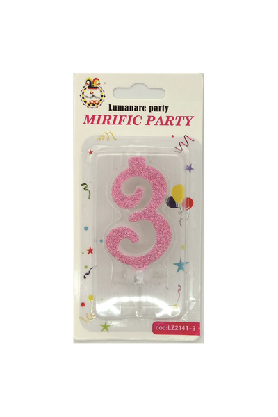 Mirific Party Pink glitter cake candle, 6 cm, number 3