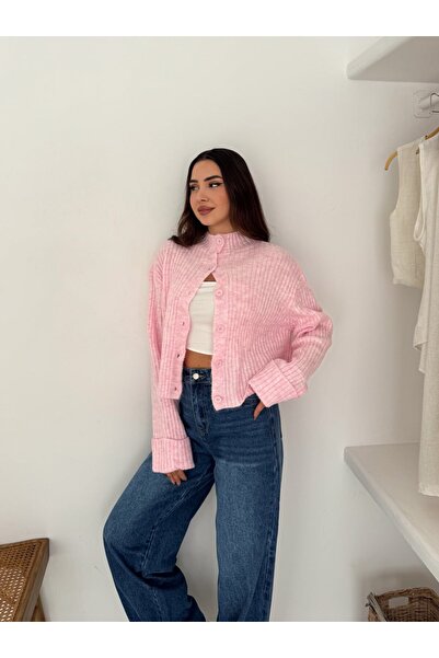 MAXXANA Mock Neck Cotton Cardigan with Folded Sleeves