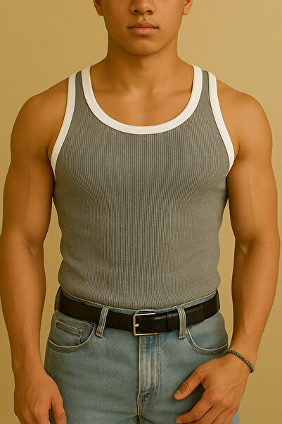 beuivo قميص رياضي رجالي بياقة هالتر مخططة باللون الرمادي قماش قابل للتمدد