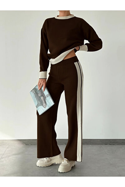 Lusin Women's Bitter Brown Stylish Stripe Detailed Sweater Pants Top and Bottom Knitwear Set