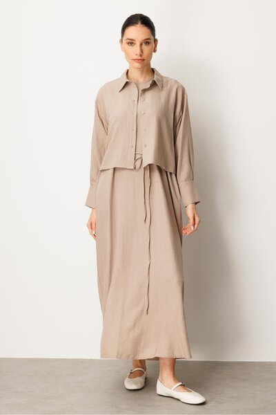 Micca Aller Üst Beden ve Jile İç Kombin İpekçe Elbise Ferace-Taş