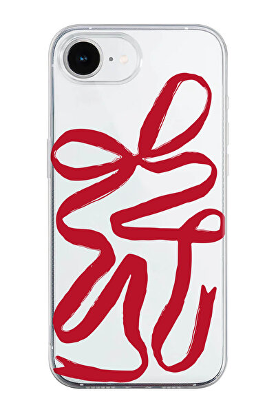 shoptocase iPhone 16E Uyumlu Kırmızı Kurdele Desenli Şeffaf Silikon Telefon K...