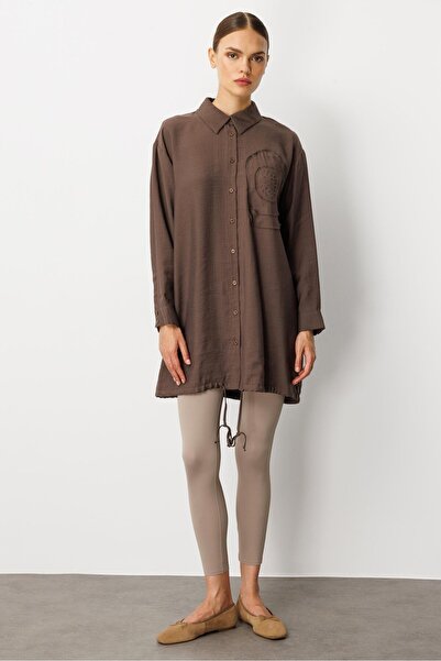 Micca Soft Modal(%90) İçerikli Elişi Çiçek İşlemeli Tunik-Kahve