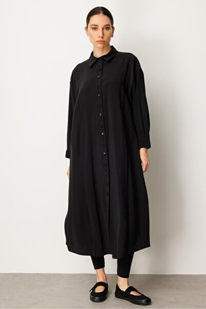 Micca Soft Modal Yırtmaç ve Ön Beden ile Detaylandırılmış Elbise Kap-Siyah