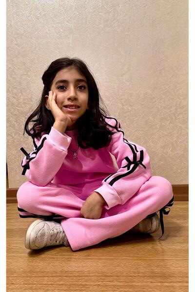 Babito Baby Girls' Striped and Bow Detail Tracksuit Set 2-10 Years