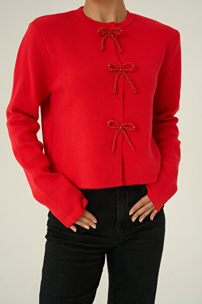 LOOSH Kadın Krem Bisiklet Yaka Fiyonk Düğme Detaylı Hırka