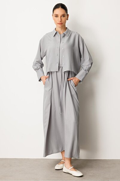 Micca Aller Üst Beden ve Jile İç Kombin İpekçe Elbise Ferace-Gri