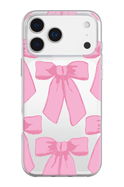 shoptocase iPhone 17 Pro Max Uyumlu Pink Ribbon Desenli Şeffaf Silikon Telefo...