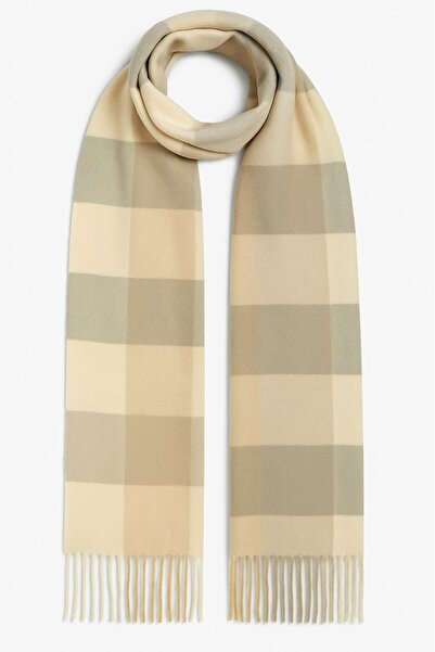 Melissa Boutique Women's Beige Gray Square Patterned Soft Puffy Scarf with Tassel Detail