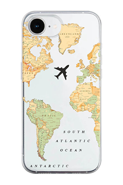 shoptocase iPhone 16E Uyumlu Eski Dünya Haritası Desenli Şeffaf Silikon Telef...