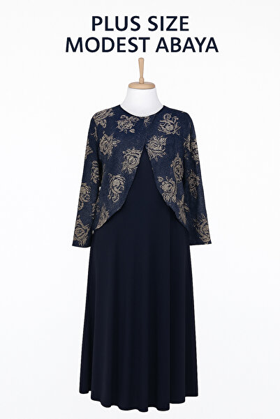 HESNA Navy Blue Zuhal Jacketed Plus Size Stylish Patterned Mother Evening Dress Suit
