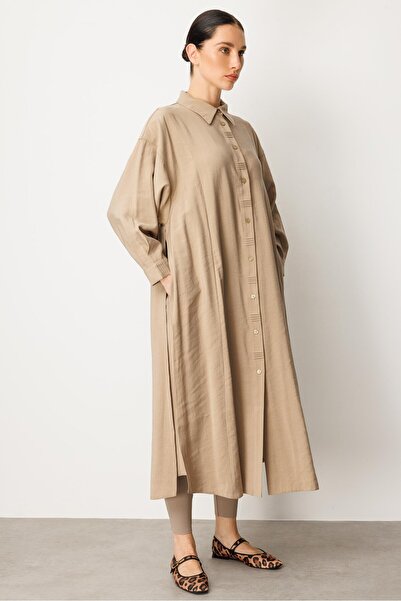 Micca Soft Modal Yırtmaç ve Ön Beden ile Detaylandırılmış Elbise Kap-Taş