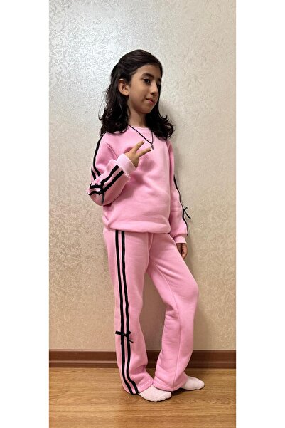 Babito Baby Girls' Striped and Bow Detail Tracksuit Set 2-10 Years