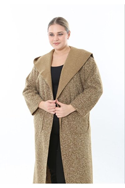 Butik Nilyam Women's Plus Size Long Hooded Turn-Down Collar Distressed Cashmere Cardigan Jacket Coat 25055