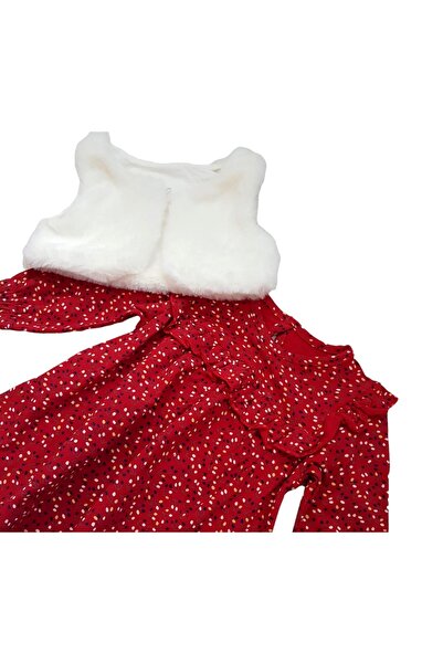 Miniworld Baby girl cotton dress with flowers and short faux fur vest, 6-9 months, 74 cm