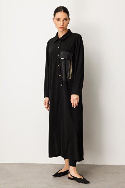 Micca Krep Dokulu Kumaş Gold Detaylı Düğmeli Elbise Kap-Siyah