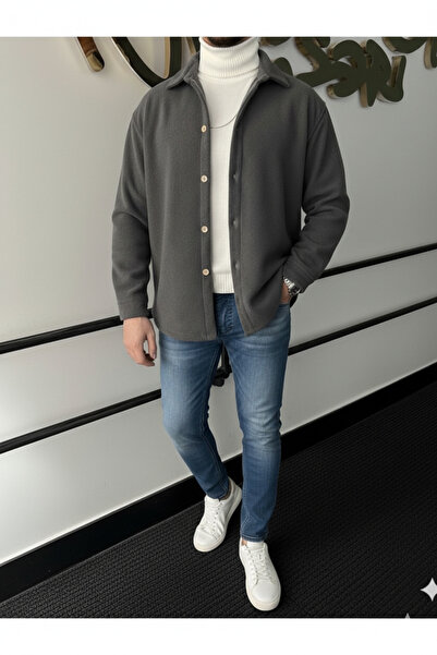 A&O Style Men's Anthracite Oversized Plain Basic Thick Winter Fleece Shirt