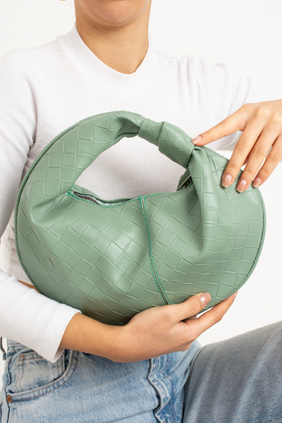 MY VİNTAGE Women's Mini Baguette Knot Detailed Zippered Handbag with Knitted Pattern