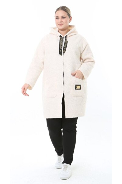 Butik Nilyam Women's Plus Size Midi Hooded Turn-Down Collar Cashmere Cardigan Jacket Coat 25062