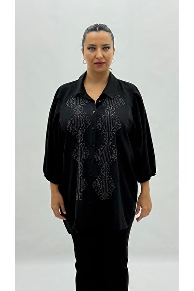 AY-SEL Büyük Beden Düğmeli Taşlı Kapri Kol Oversize Kadın Gömlek