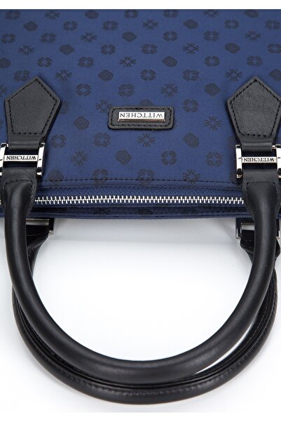 Wittchen Geantă de laptop Jacquard pentru femei de 12" cu curele din piele, bleumarin, poliester