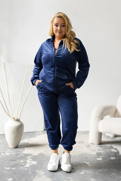 UniqueStore.ro Navy blue velvet plus size tracksuit with zipper and pockets