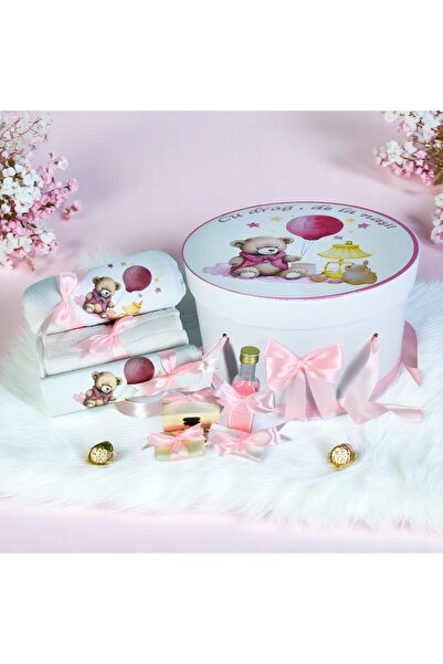 Inovius Trusou Botez cu 8 Piese Imprimat, Ursulet cu Balon, Culoare Roz Perla...