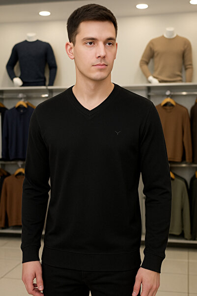 Maccali Men's Casual Basic Loose Black Long Sleeve V-Neck Sweater