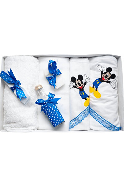 Inovius Trusou Botez cu 7 piese - MIckey Mouse brodata - ALB - ALBASTRU - TB84