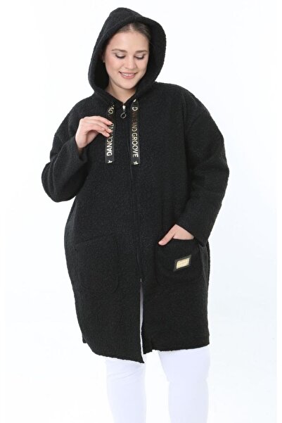 Butik Nilyam Women's Plus Size Midi Hooded Turn-Down Collar Cashmere Coat 25061