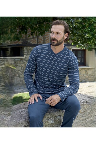 Aydoğan Men's Striped Long Sleeve Pajama Set with Patches 240543