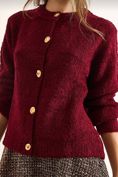 MADAMMERY Gold Buttoned Boucle Comfortable Women's Knitwear Cardigan