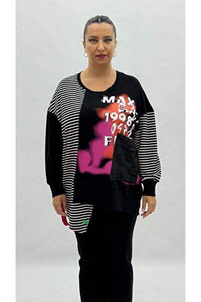 MAX LİVE Plus Size Pocket Striped Stone Detailed Long Sleeve Oversized Women'...