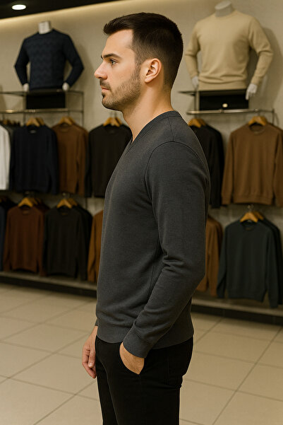 Maccali Men's Casual Basic Loose Smoked Long Sleeve V-Neck Sweater