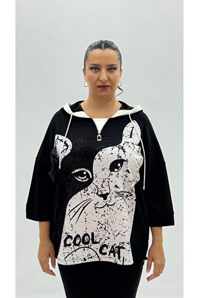 Sortie سويت شيرت نسائي كبير الحجم مزين بفيونكة حجرية وجيوب بغطاء رأس بأكمام ك...