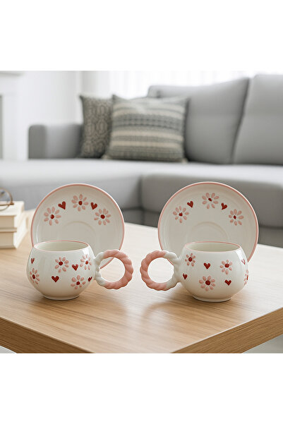 İZart Pink Daisy Heart'L' Special Embossed Fully Handmade 4 Piece Coffee Cup for 2 People