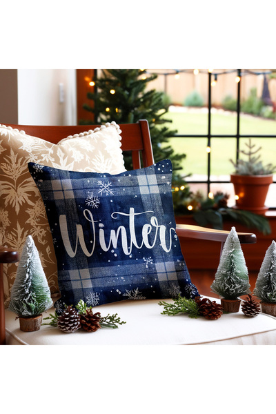 Hayal Dekoratif Новорічна тематика, синьо-білий колір, напис «Hello Winter», 4-комплект цифрового друку, подарунковий чохол для подушки