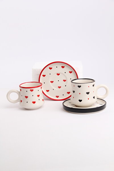 Gezdikçe Bilelim Set of 2 Black Red Heart Handmade Pottery Ceramic Coffee Cup, Coffee Cup