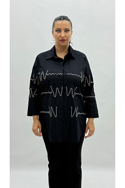 AY-SEL Büyük Beden Düğmeli Taşlı Uzun Kol Oversize Kadın Gömlek