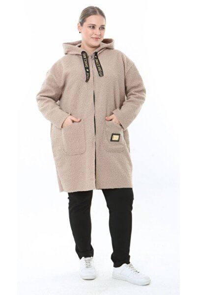 Butik Nilyam Women's Plus Size Midi Hooded Turn-Down Collar Cashmere Cardigan Jacket Coat 25062