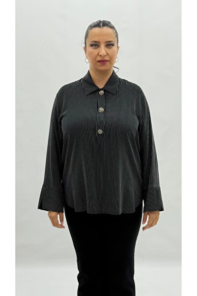 GRANDİ Büyük Beden Düğmeli Çizgili Viskon Uzun Kol Oversize Kadın Gömlek