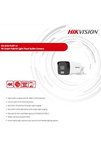 hikvison 4K Smart Camera with Stunning 8MP Resolution, Hybrid Color Lighting, 40m Range, IP67, Reliable Night Vision DS-2CE17U0T-LF